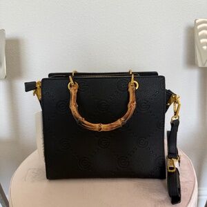 Gabriella Puccini Black Embossed Leather Bamboo Handle Bag with Dustbag– 10.5”